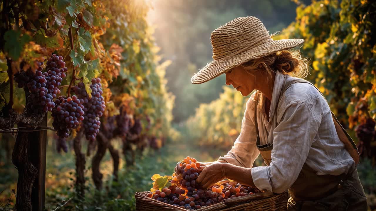 A Dedicated Grapes Harvesting Woman in a Vineyard, Skillfully Collecting Bunches of Ripe Grapes While Enjoying the Serenity of Nature Under the Warm Sunlight