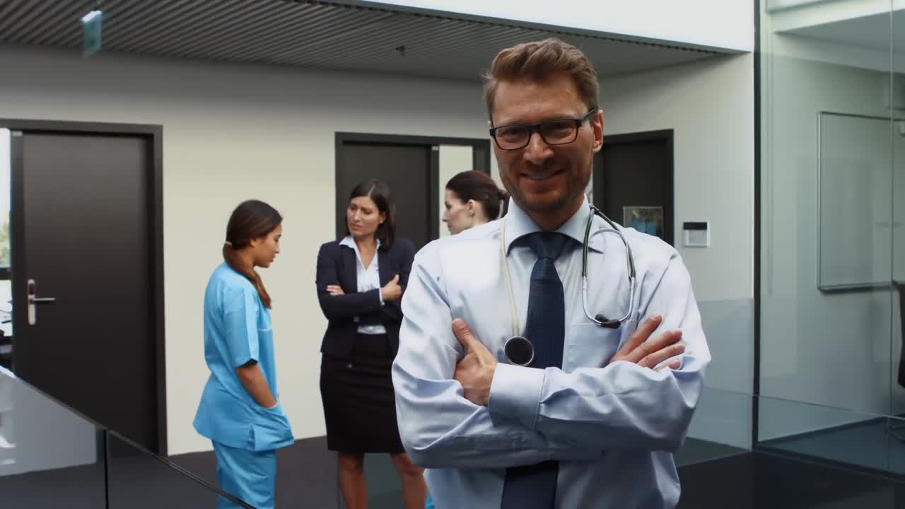 Portrait of doctor standing with arms crossed in hospital