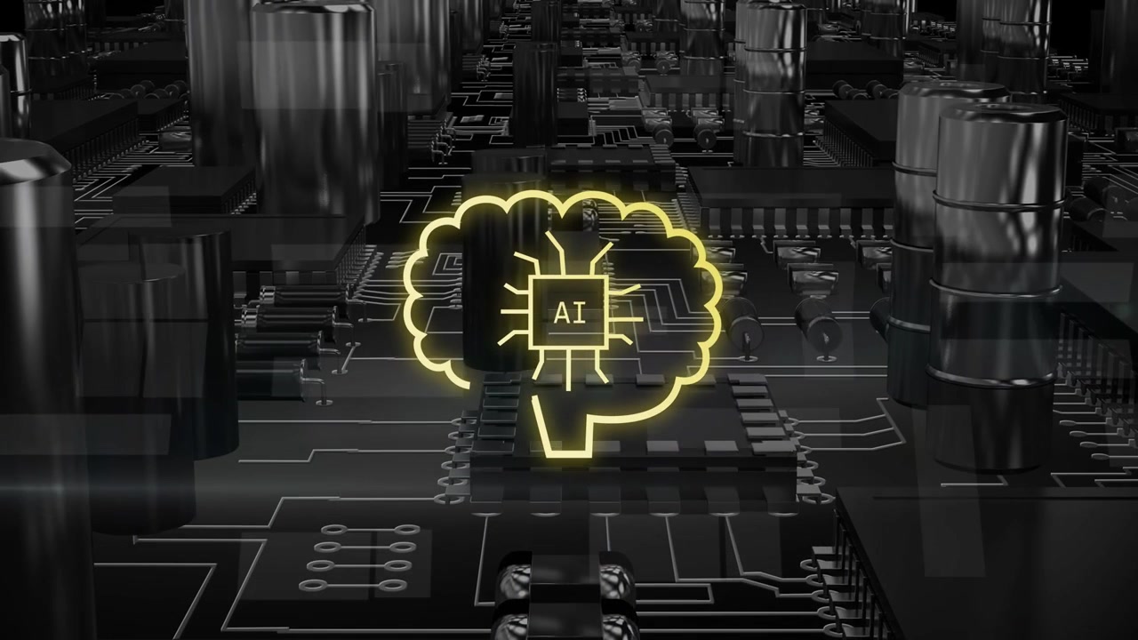 yellow pad pulsing, pcb trace drawing brain, AI lit, left bubbles, right thumbs stacking processing