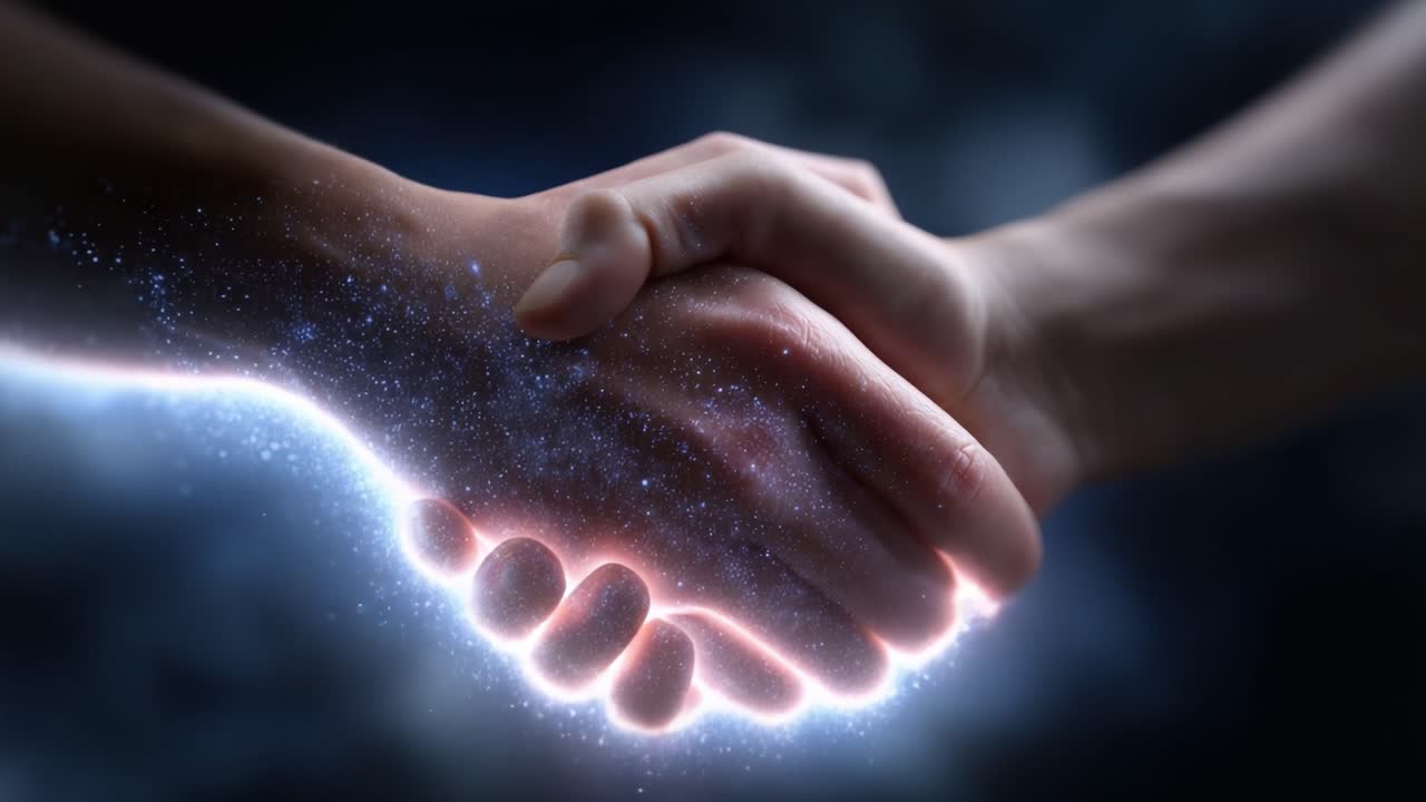 A Convergence of Hands: Cosmic Forces Unite in a Powerful Gesture of Connection and Collaboration, Representing Unity Beyond the Physical Realm of Humanity