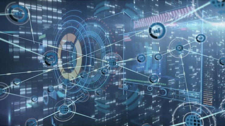 Animation of scope, network of connections with icons over computer servers