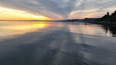 Vista-Aérea-De-Un-Par-De-Delfines-Australes-Nadando-Bajo-La-Superficie-Del-Agua-Junto-A-La-Costa-De-Chile-Con-El-Cielo-Dorado-De-La-Puesta-De-Sol-En-El-Horizonte