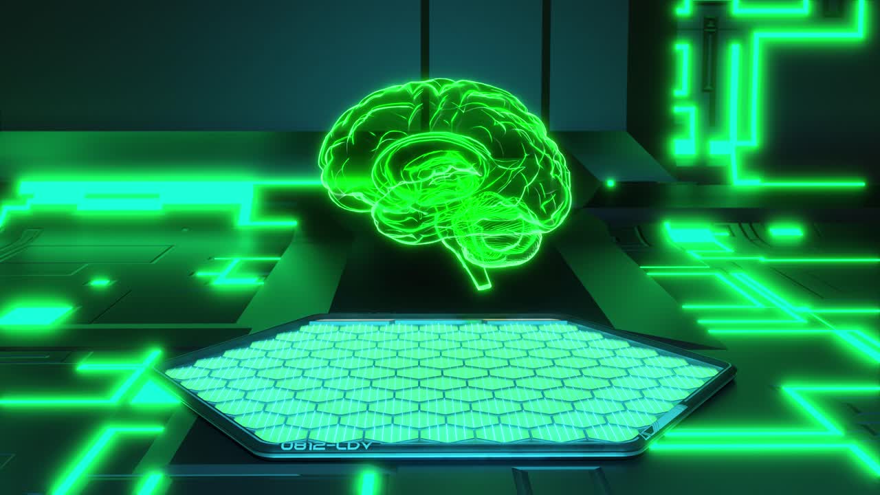 3D animation of green brain over futuristic machine in laboratory