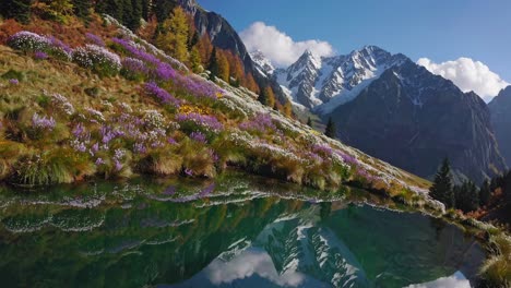 a serene mountain landscape video captures vibrant wildflowers and snow-capped peaks reflected