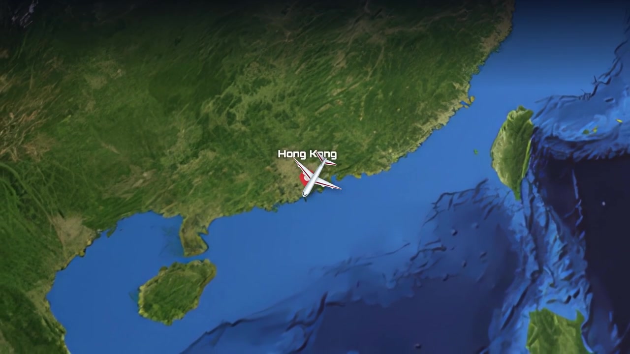 Satellite view animation follows an airplane flying from Dallas across the globe to Hong Kong