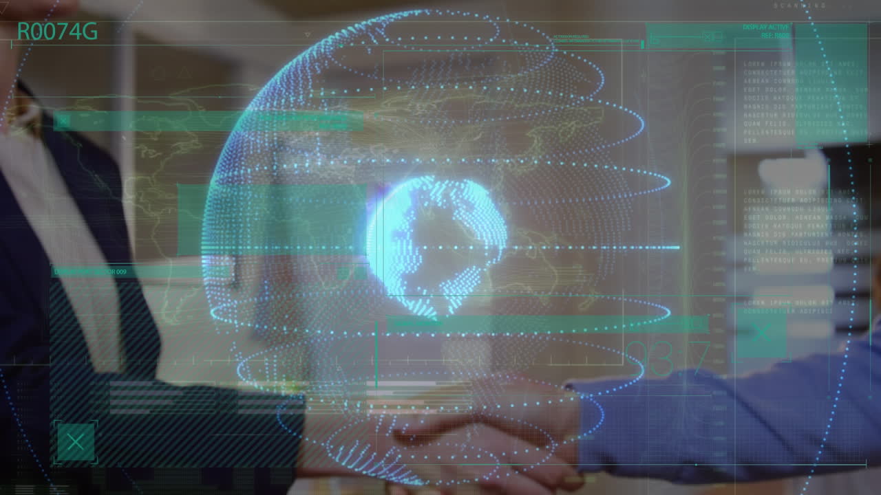animación del globo y procesamiento de datos sobre diversas personas de negocios estrechando la mano