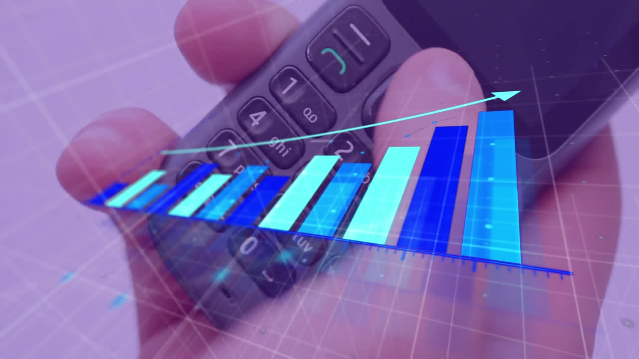 animación del procesamiento de datos estadísticos en primer plano de una mano utilizando un teléfono.