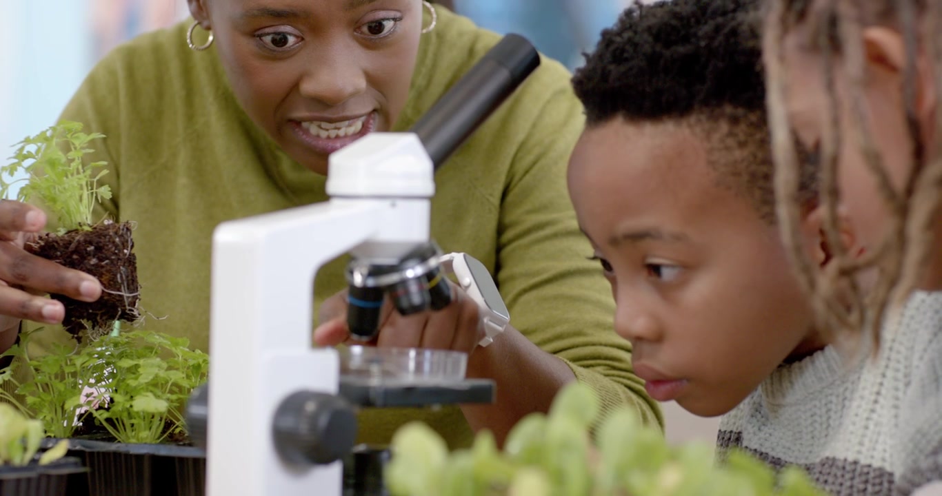 African American teacher with two kids in lab placing seedling on microscope, guiding plant study