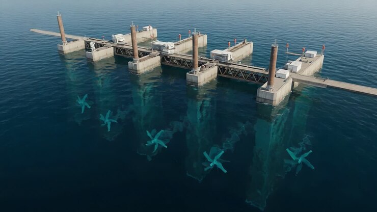 Aerial View of a Cutting-Edge Tidal Energy Platform Showcasing Turbines in Action, Harnessing Ocean Currents for Sustainable Power Generation