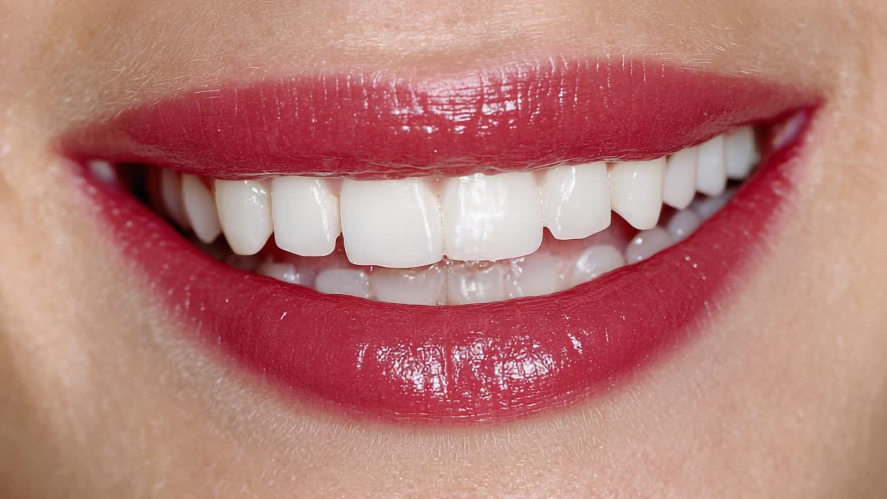 A Close-Up View of a Bright and Radiant Smile with Glossy Red Lips Showcasing Perfectly Aligned White Teeth and Glossy Finish, Capturing the Essence of Confidence and Joy