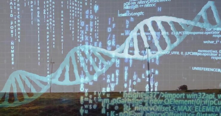 Processing scientific data, DNA strand and binary coding in animation