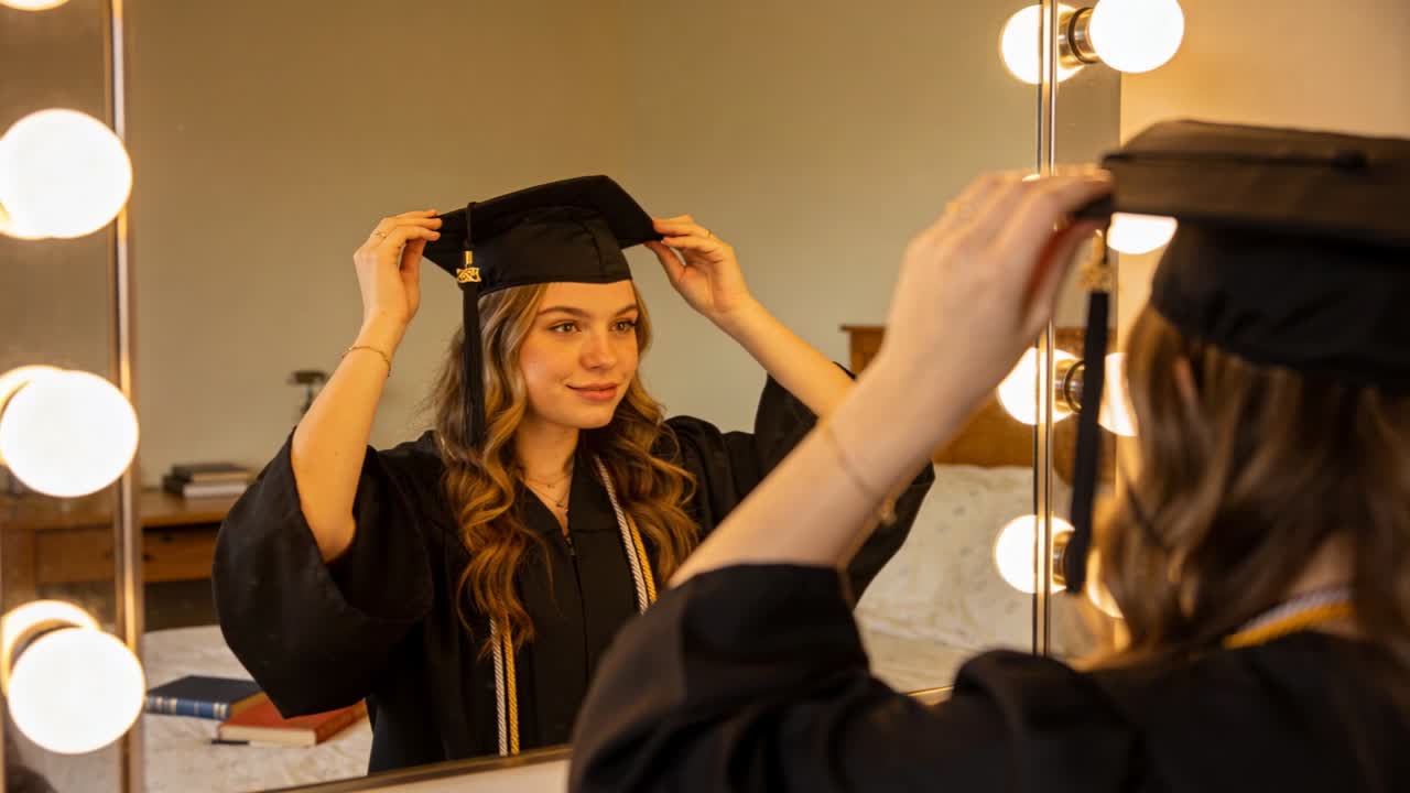 Studente in toga che si mette il tocco in testa davanti a uno specchio illuminato, sistemando la nappa per la cerimonia di laurea