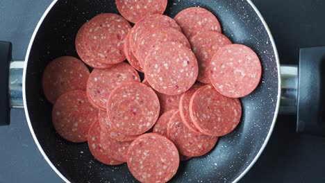 sliced sausage in a pan