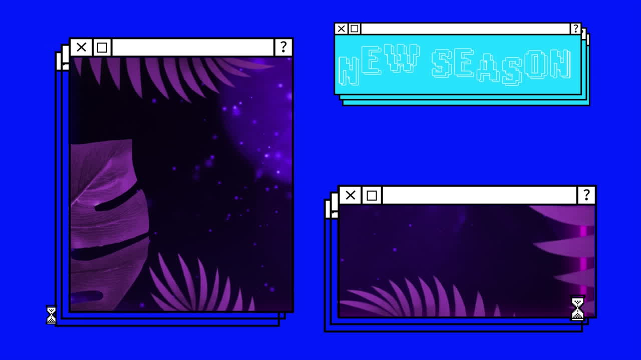 Animation of plantation and dots with new season text in computer interface over blue background