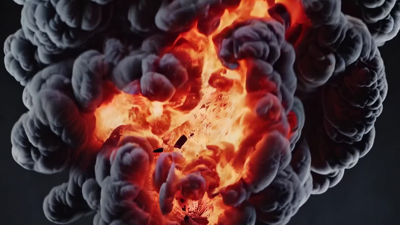 Video dinamico di un'esplosione infuocata con fumo denso, ripreso da un angolo basso.