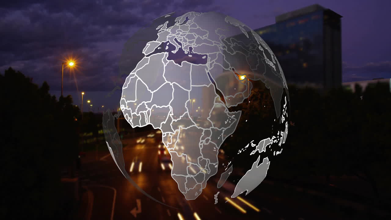 Globe with country borders animation over cityscape with moving traffic lights