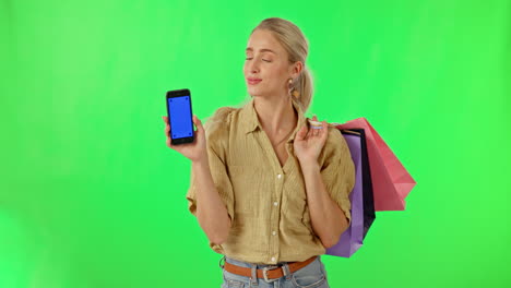 Woman,-phone-and-shopping-bags-on-green-screen