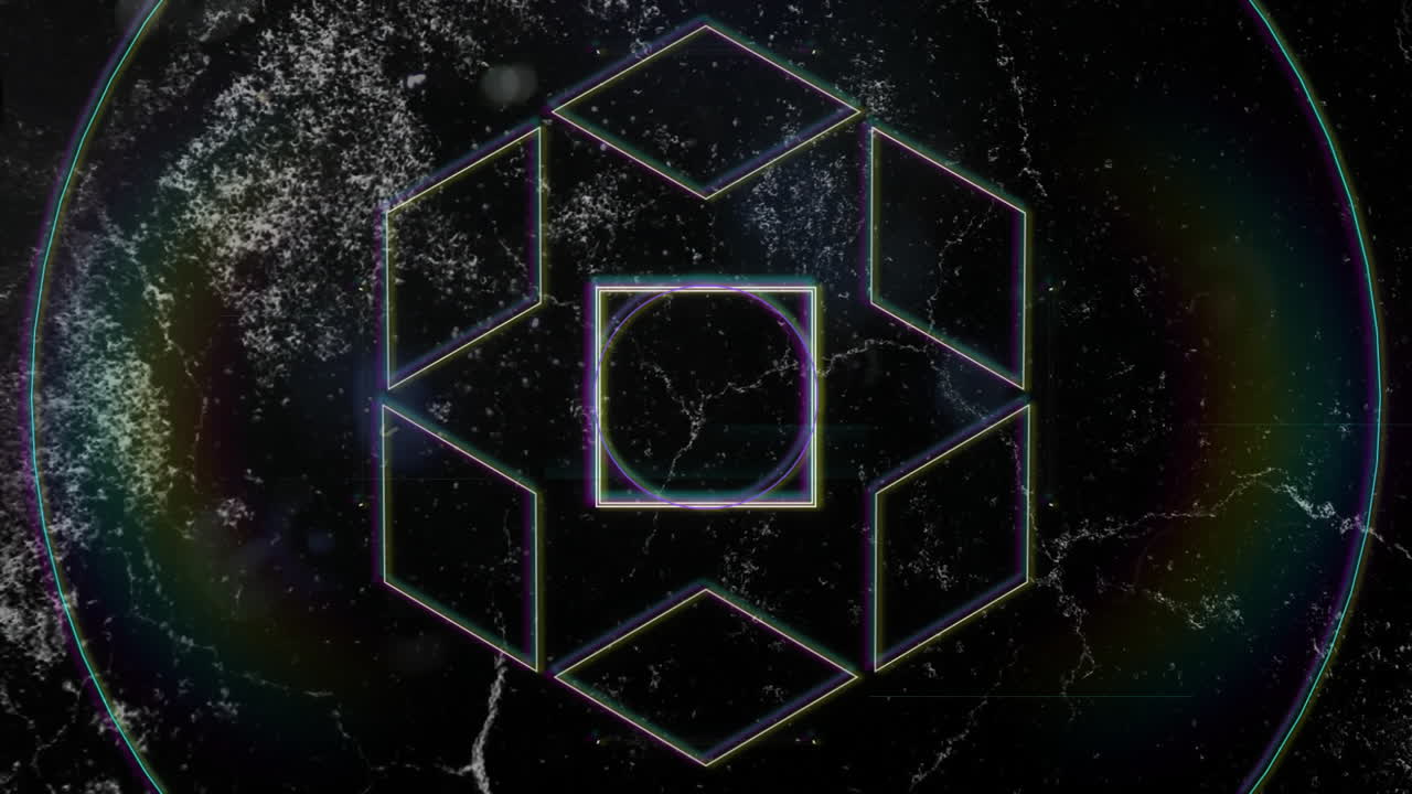 Neon-outlined pattern animating in abstract space showing hexagons, square, circle, neon arcs