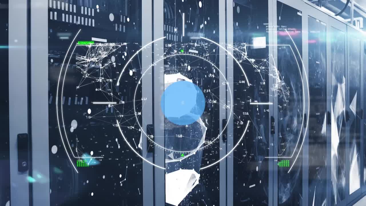 Animation of connected profile icons, circle, globe, computer language over server room