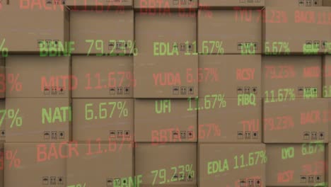 animación del procesamiento de datos financieros sobre una pila de cajas de cartón