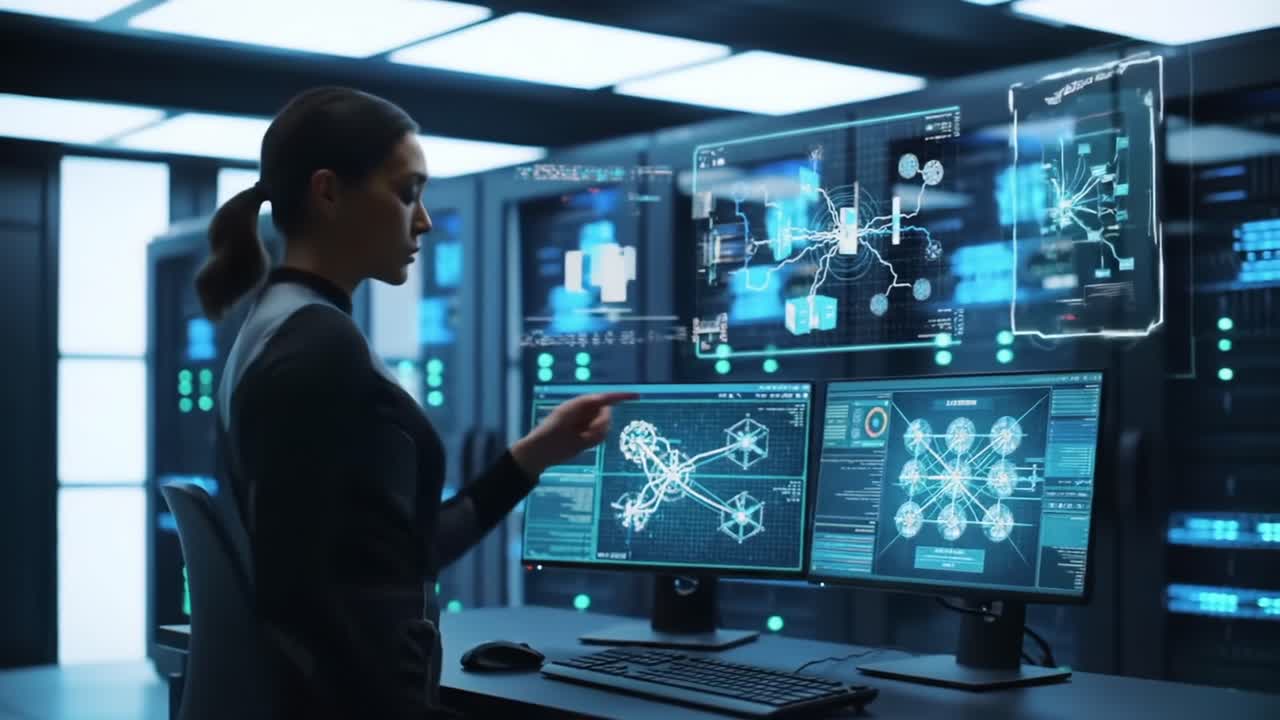 Advanced Data Analysis in a High-Tech Control Room: A Focused Professional Utilizing Innovative Display Technologies for Real-Time Insights