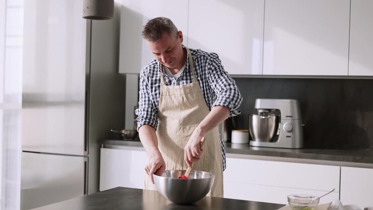 Donna che bacia il marito in piedi al tavolo in cucina, mentre mescola gli ingredienti in una ciotola.