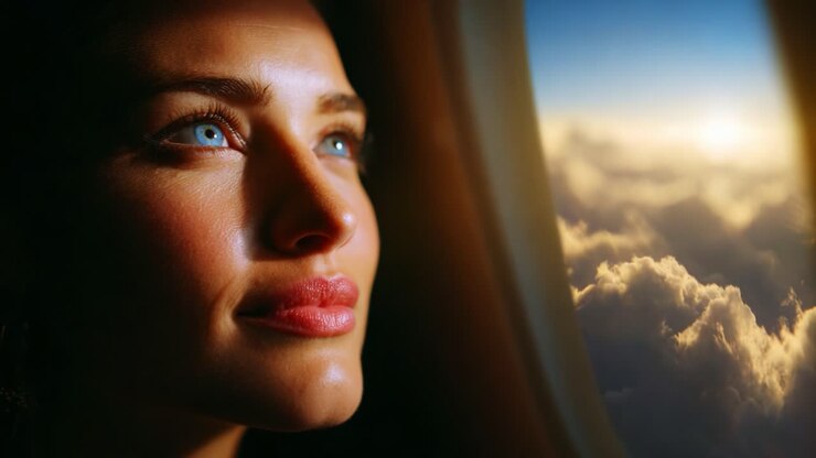 Uma mulher contemplativa olha pela janela de um avião, encontrando tranquilidade na vista cativante das nuvens e de um pôr do sol vibrante, incorporando a essência da viagem e da admiração durante sua jornada.