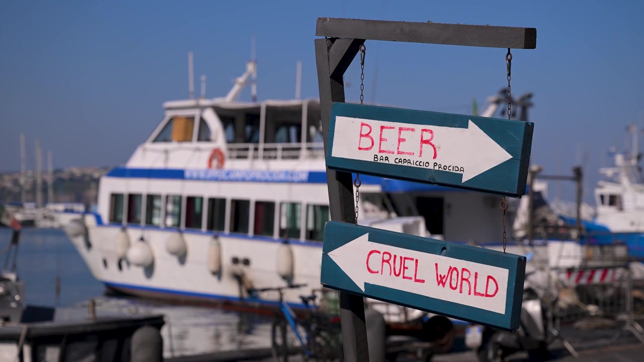 Playful wooden sign reading Beer and Cruel World hangs by a ferry dock with boats and calm water in the background.
