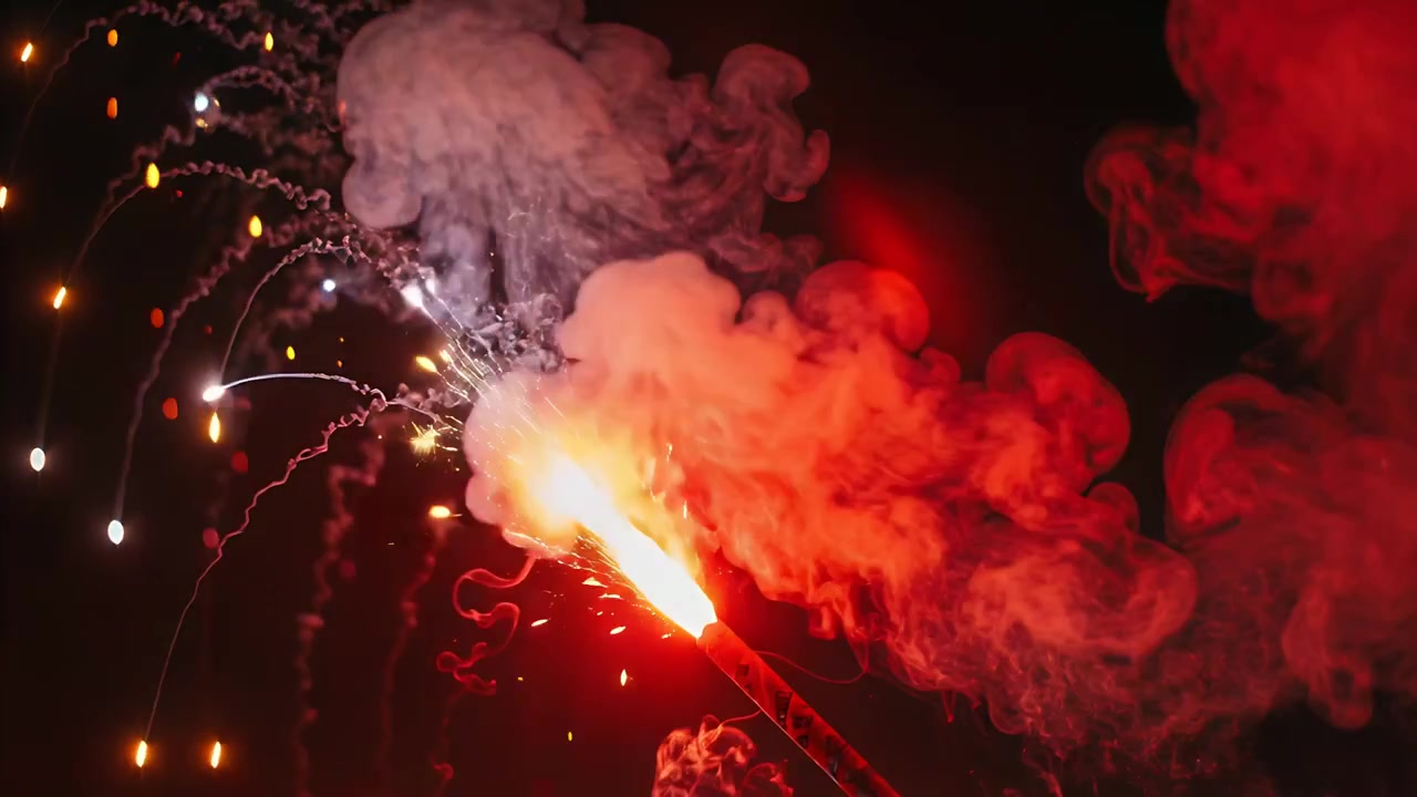 Freshly ignited handheld flare burning at night, sending sparks, embers and red smoke