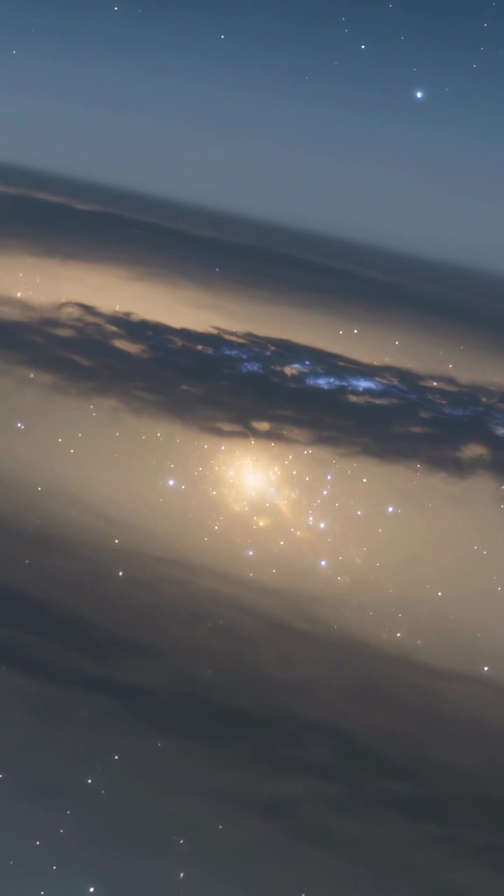 Vertical video: Rotating camera showing dark cloud band over lit clouds at night with golden glow