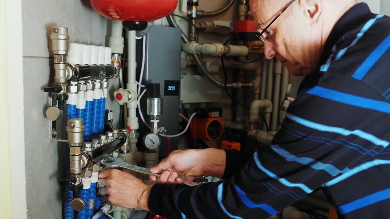 fontanero profesional. servicio de reparación de tuberías. reparador arreglando un calentador de agua de gas con un destornillador. manos de trabajador arreglando el sistema de calefacción