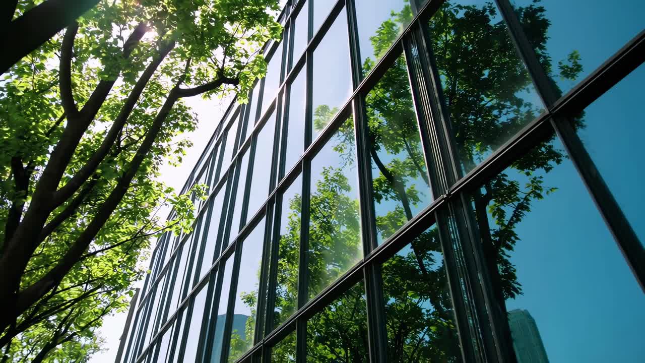 Vídeo em ângulo baixo da luz do sol através de árvores refletindo na fachada de um prédio de vidro moderno, desktop dinâmico