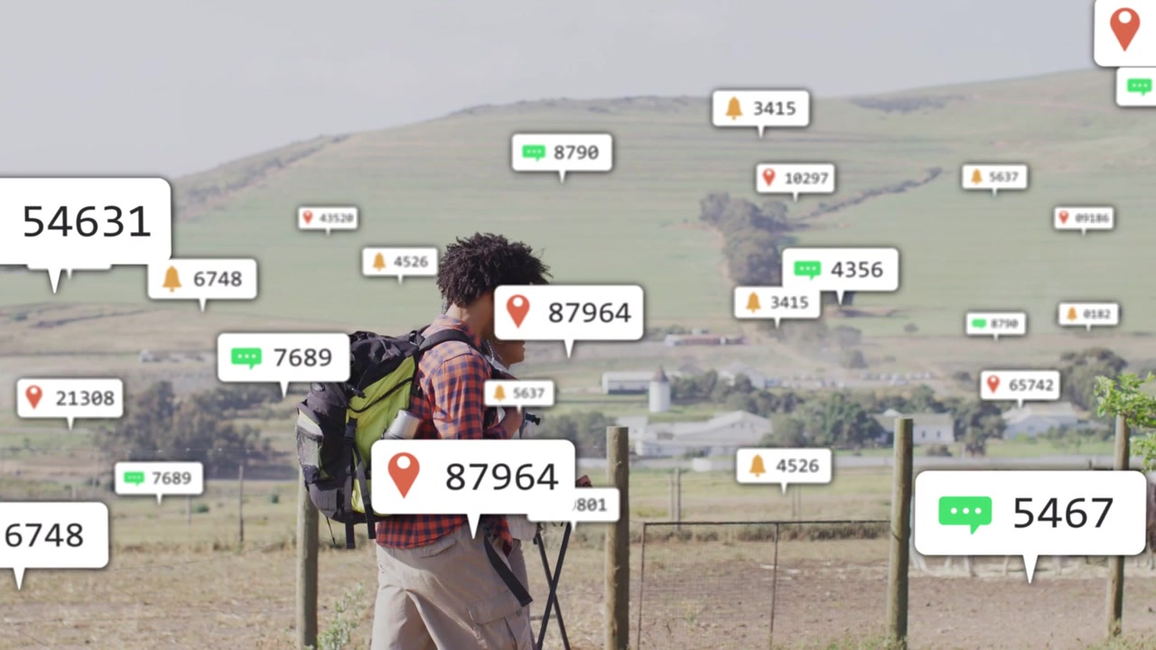 Two hikers walking path, creating AR pins and chat bubbles, labels densifying for navigation
