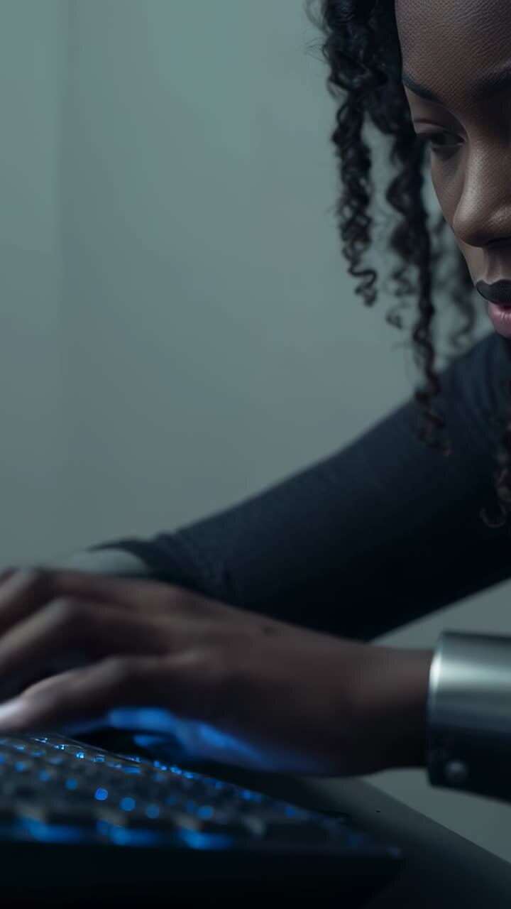 Vertical video: Typing African American woman touching then pressing blue lit keys at desk, working