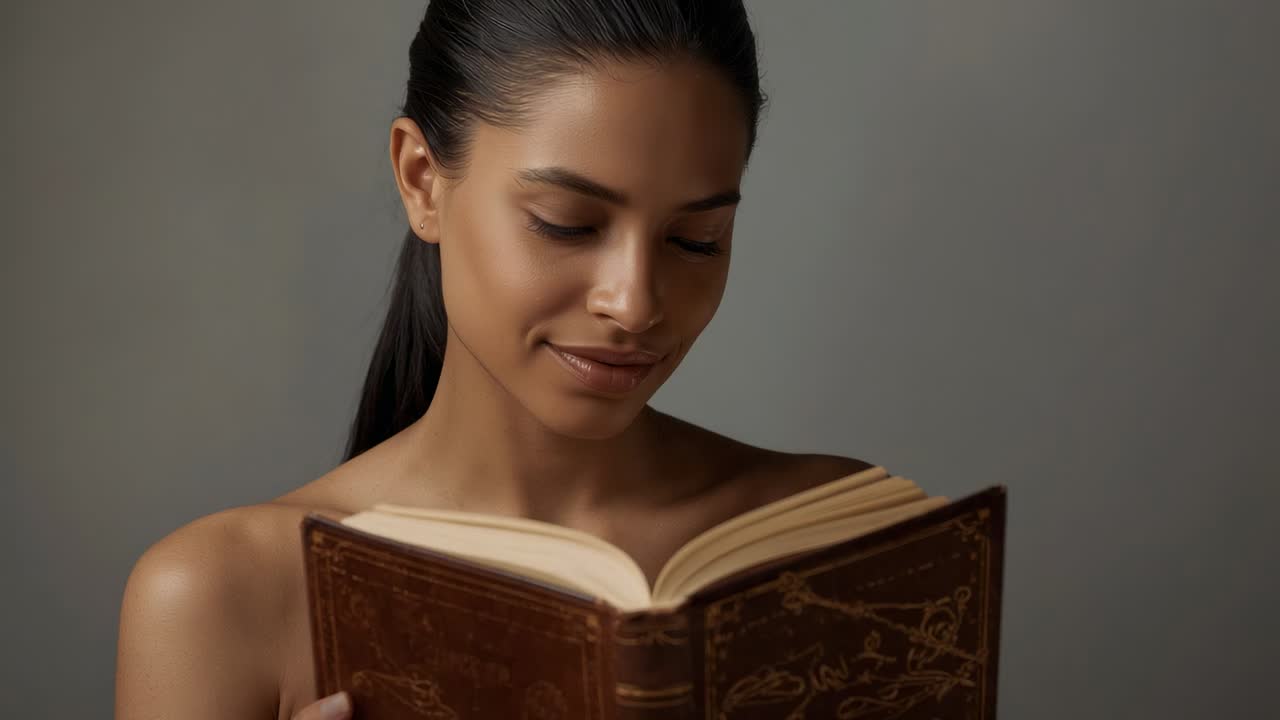 Opening ornate book, woman holding and reading posing in studio, in strapless top and stud earring