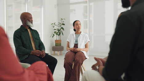 people, psychology or therapy meeting in group