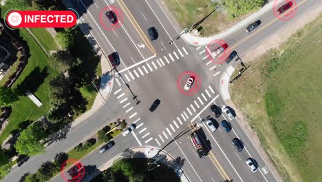 aerial view of cars displays motion graphics of hypothetical infected people traveling.