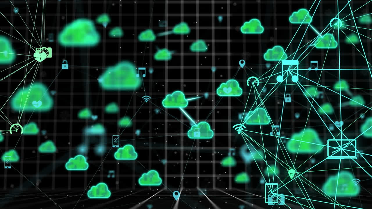 Animation of globe, cloud icons and data processing over grid