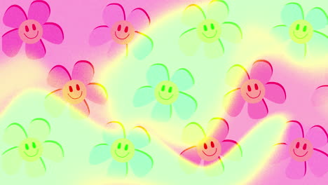 animation of organically moving pastel pink and green shapes with rotating smiley face flowers