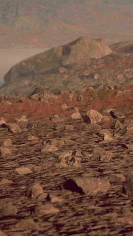 un paisaje rocoso del desierto con una montaña en el fondo