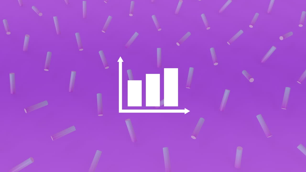 Animation of statistics and data processing over abstract shapes on purple background