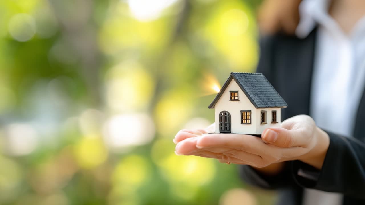 Una persona che tiene una piccola casa modello tra le mani, a simboleggiare il settore immobiliare e la proprietà della casa, contro uno sfondo verde tenue e sfocato.
