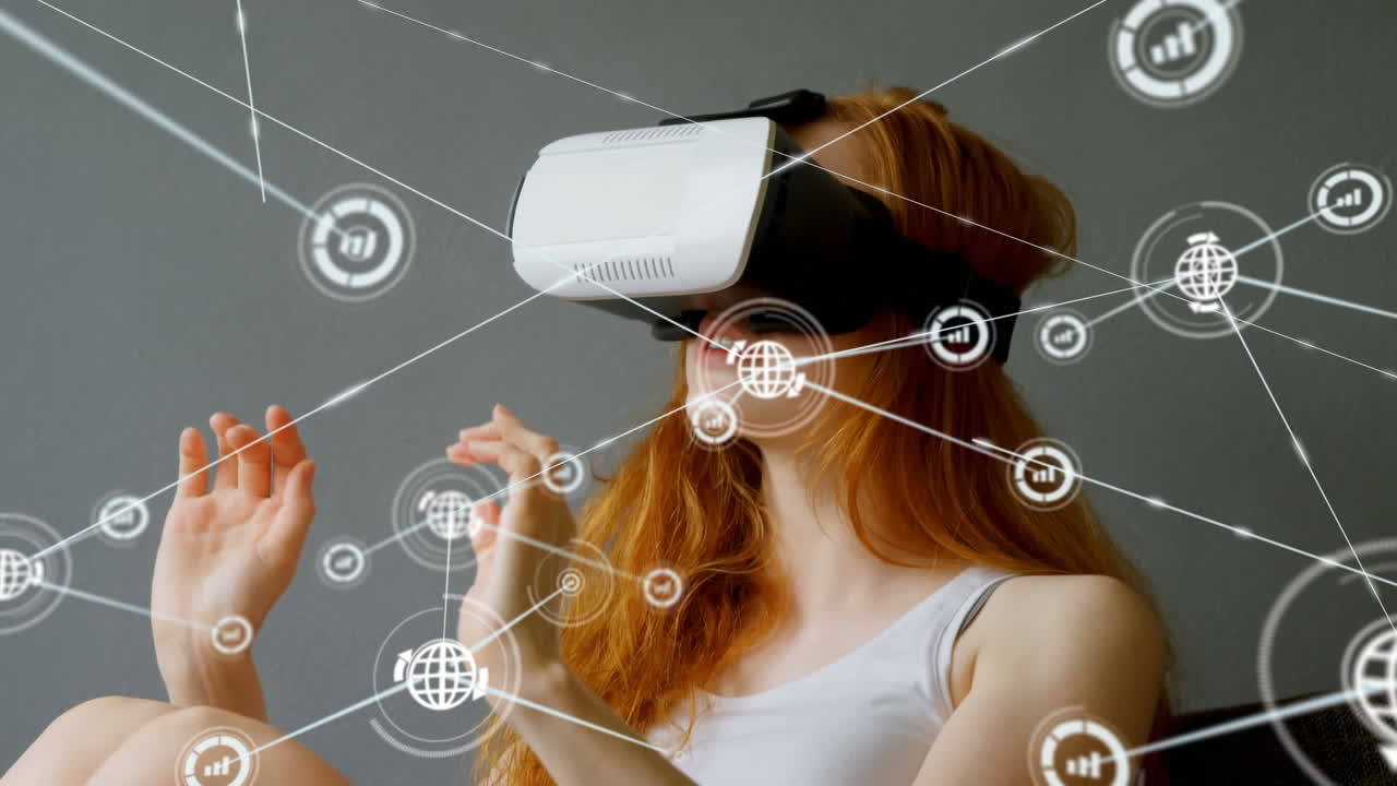 Animation of network of connections with icons over woman wearing vr headset