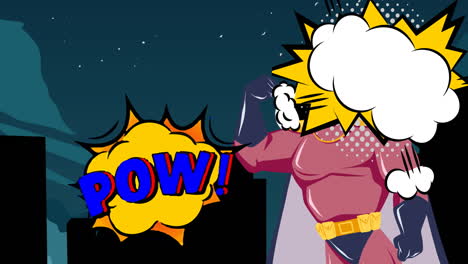 animation of retro cartoon speech bubbles and superhero flying over cityscape at night