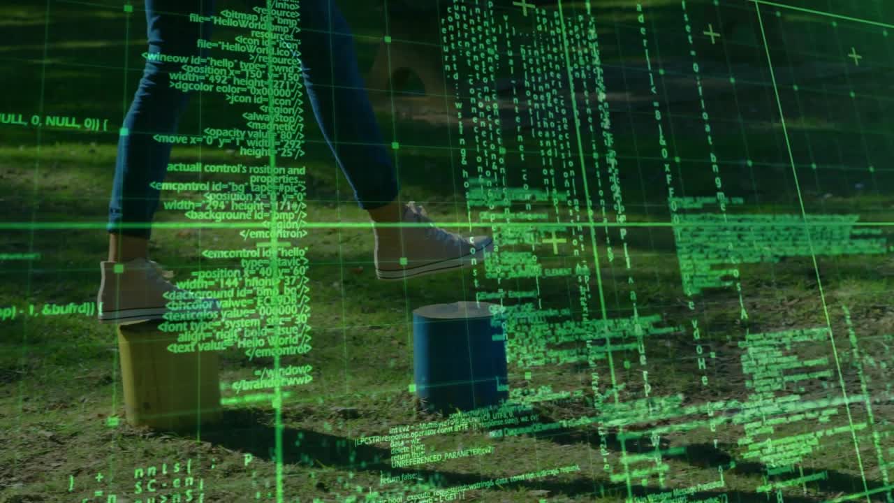 Woman hopping between blocks, activating grid code overlay with phone for tech motion analysis