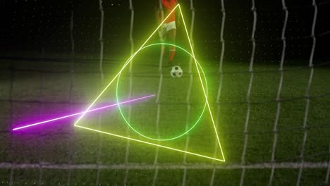 Animation-of-neon-shapes-over-african-american-male-soccer-player