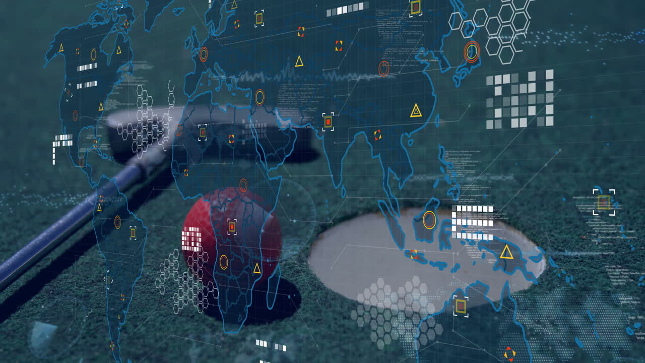 Golf ball near hole with global data processing animation overlay