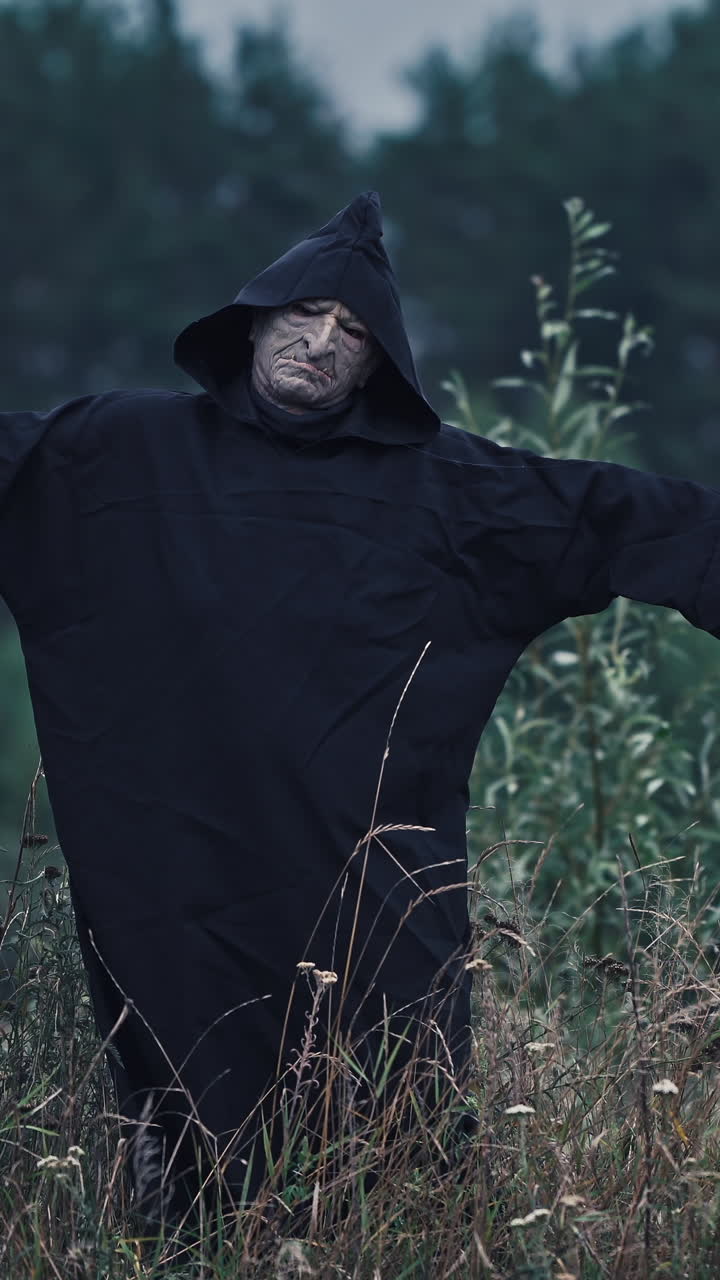 Black death with outstretched arms outdoors. Dark figure in black Halloween costume standing on the blur trees background. Horror concept. Vertical video