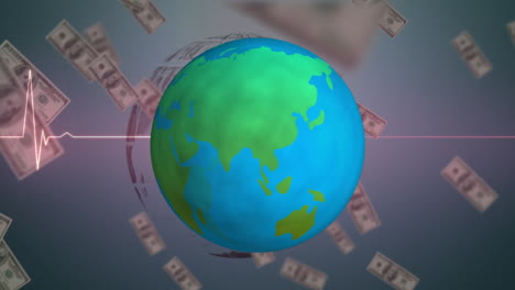 animación de billetes de dólares estadounidenses, globo terráqueo y procesamiento de datos de monitores cardíacos