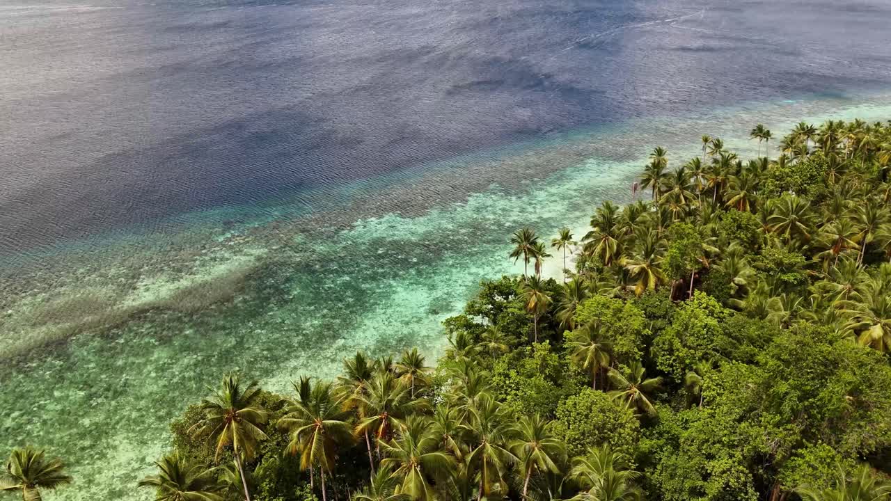 4k drone video of Kawalu Bay, a beautiful beach surrounded by blue ocean water, amazing corals and coves and natural tropical landscapes in The Banggai Islands, Sulawesi Indonesia